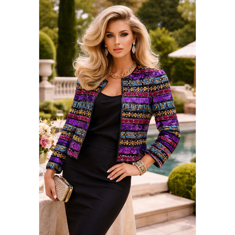 Vintage Night Vogue silk beaded/sequin studded jacket Size XL 80's Dopamine